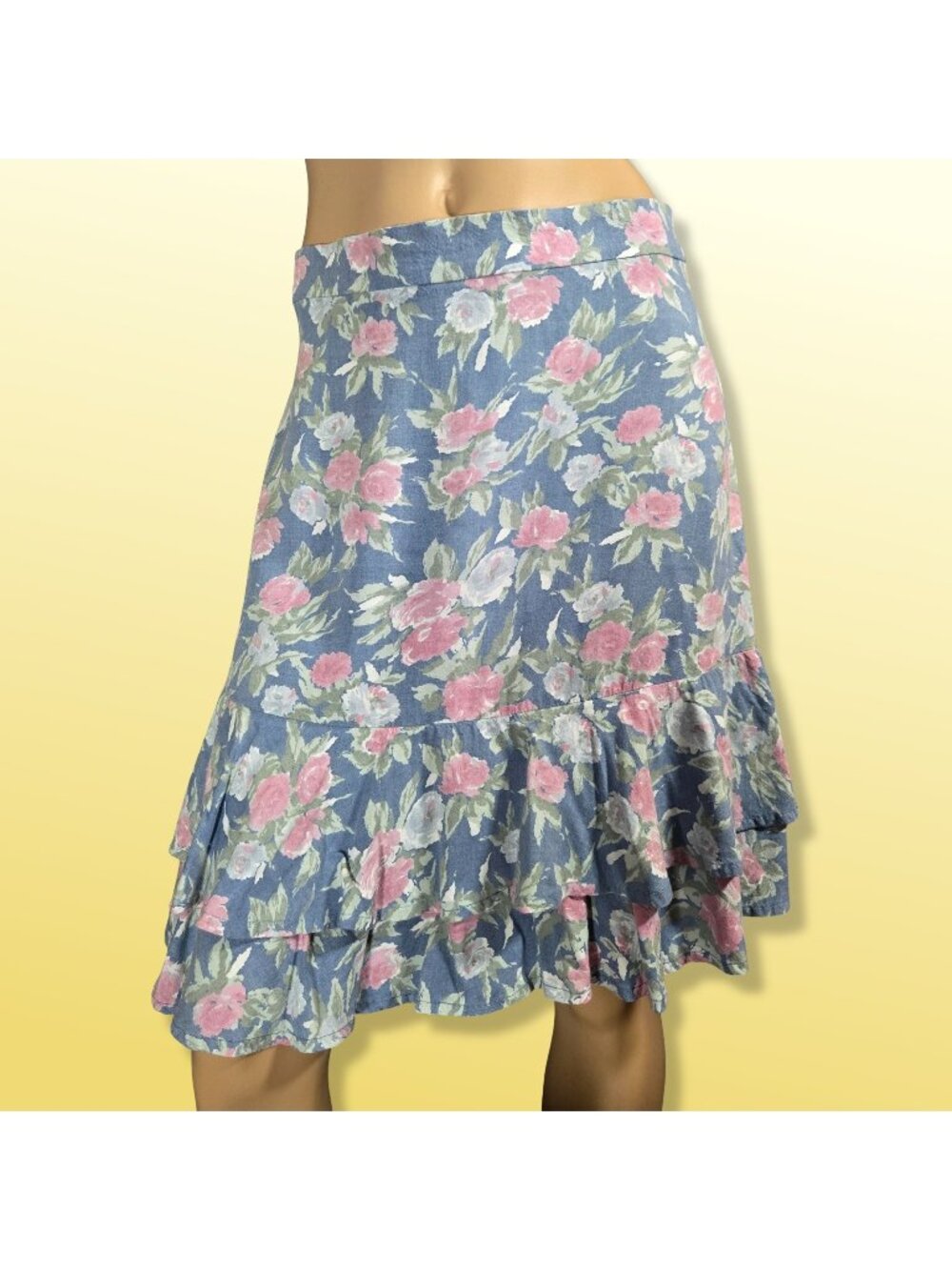 Vintage 80s Tiered Ruffled Floral Skirt Tie Back Size M Blue Pink Cottagecore